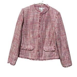 Newport News Pink Tweed Jacket Fringe Crop Blazer Women Size 14